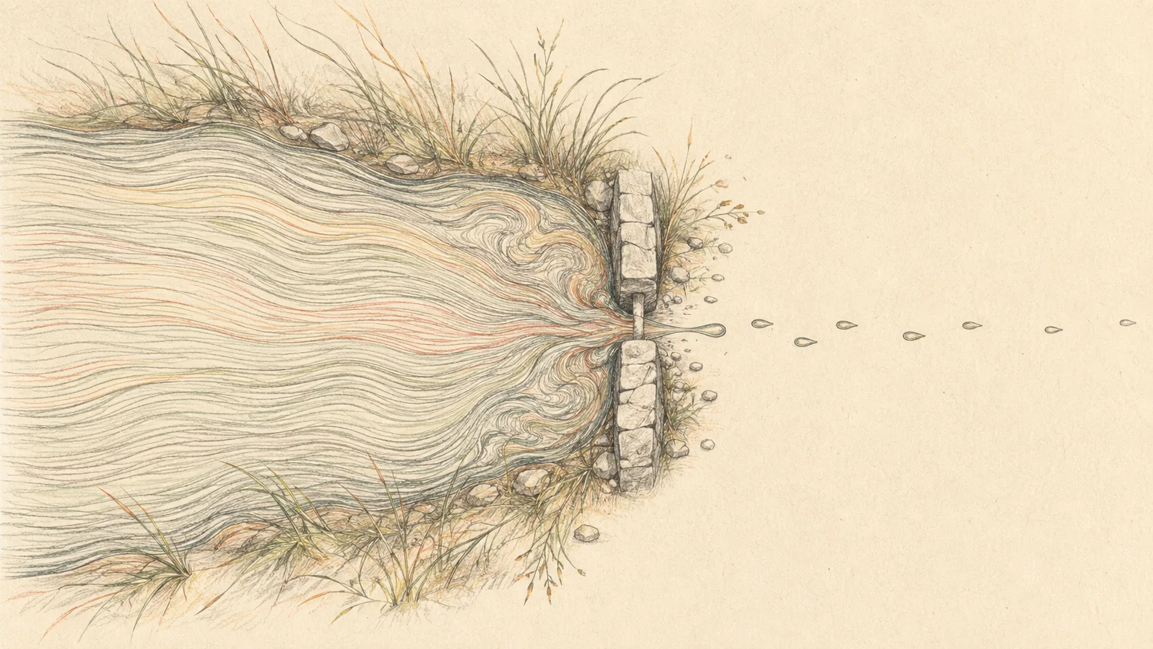 A wide river narrowing into a stone sluice gate, emerging on the far side as single separated droplets