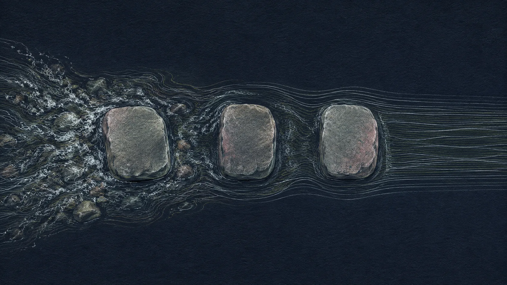 Three stepping stones in a stream. The water arrives broken and turbulent at the left and leaves smooth and straight at the right.