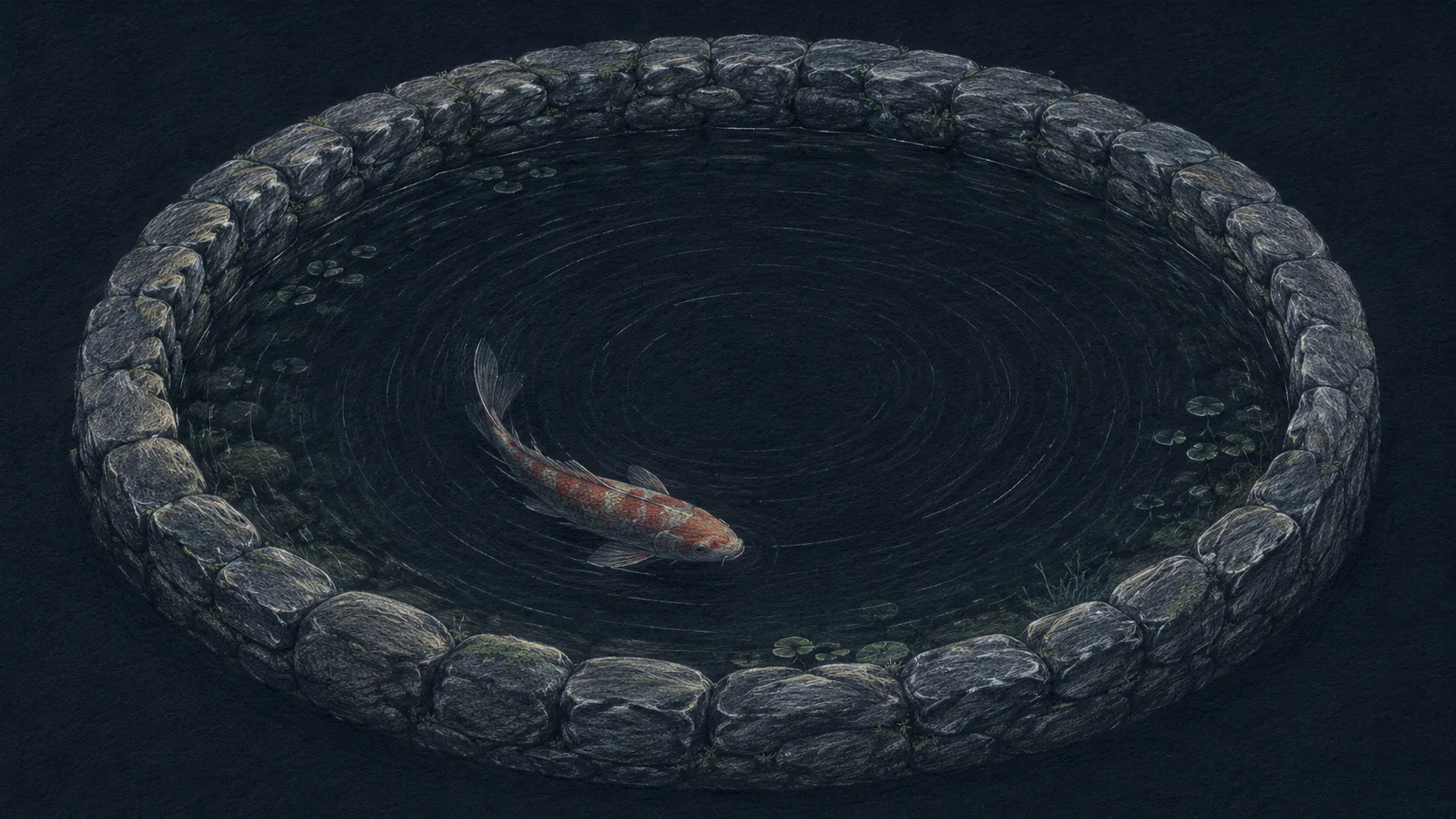A still pond at night ringed by an unbroken stone wall, one koi circling inside. There is no inlet and no outlet anywhere on the rim.