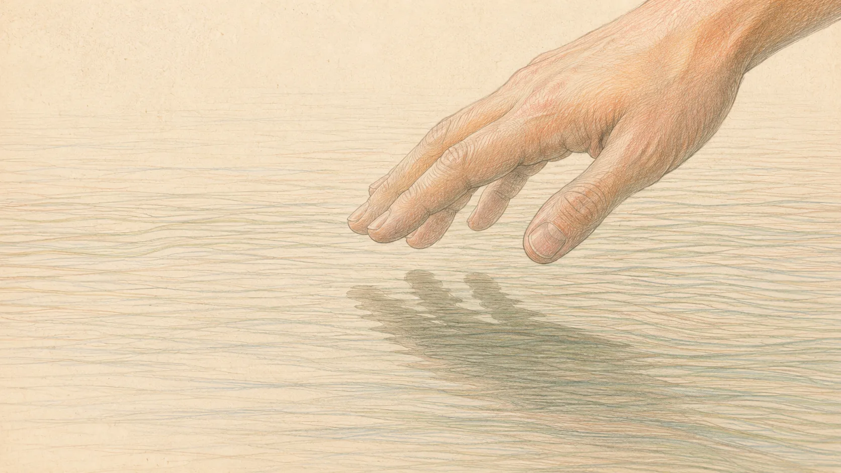 An open hand held just above still water, in the moment before it touches